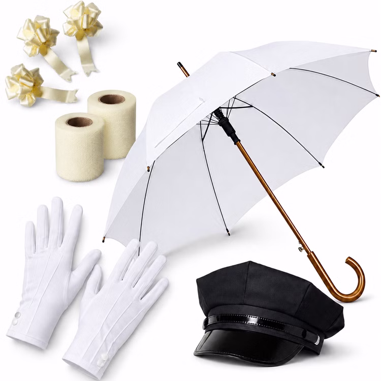 Hochzeitsauto Deko Set Elfenbein Lieferumfang Hochzeits-Deko-Set mit weißem Schirm, weißen Handschuhen, schwarzer Mütze, zwei elfenbeinfarbenen Tüllrollen und drei Schleifen.