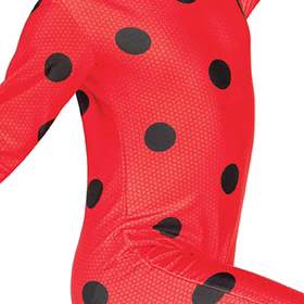 Miraculous Kostüm inkl. Perücke Ladybug deluxe für Kinder 3-10 Jahre Serienheld Filmheld Marienkäfer Tierkostüm Fasching Karneval Mottoparty Kinderfasching Detailaufnahme Miraculous Overall Rot mit schwarzen Punkten seitlich von Vorne