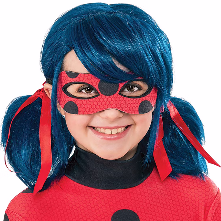 Miraculous Kostüm inkl. Perücke Ladybug deluxe für Kinder 3-10 Jahre Serienheld Filmheld Marienkäfer Tierkostüm Fasching Karneval Mottoparty Kinderfasching Detailaufnahme Miraculous Perücke und Maske von Vorne