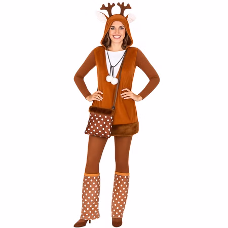 Reh Kostüm Rehlein mit Stulpen und Handtasche für Damen Gr. 36-46 Braun Tier Tierkostüm Rehkleid Fasching Karneval Mottoparty Reh Kostüm Rehlein Kleid mit Stulpen für Damen von Vorne