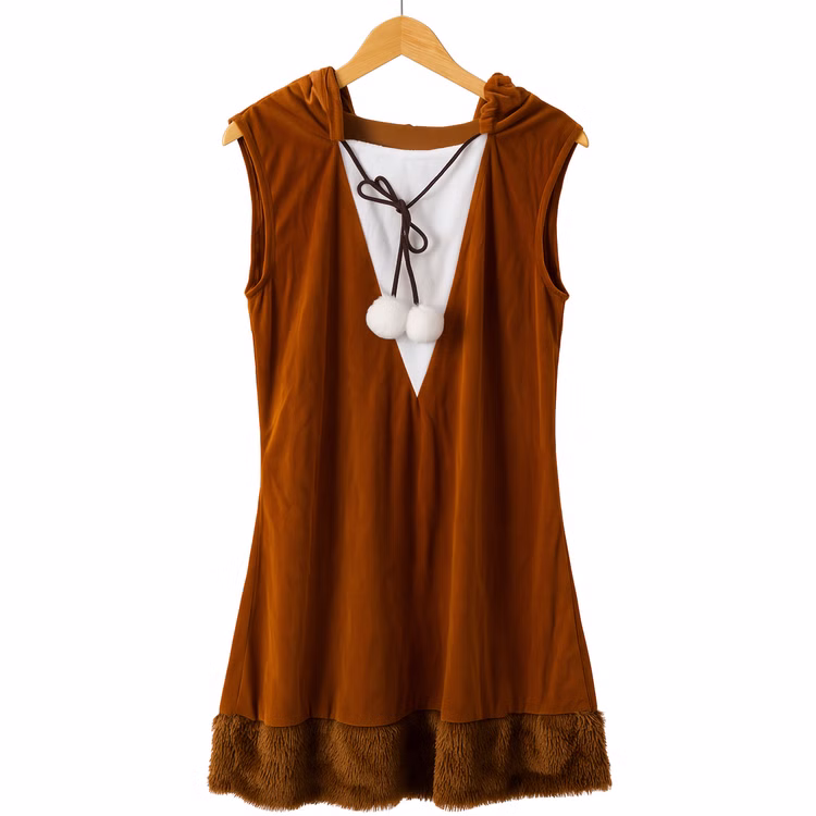 Reh Kostüm Rehlein mit Stulpen und Handtasche für Damen Gr. 36-46 Braun Tier Tierkostüm Rehkleid Fasching Karneval Mottoparty Reh Kostüm Rehlein Kleid mit Stulpen für Damen von Vorne auf einem Bügel hängend