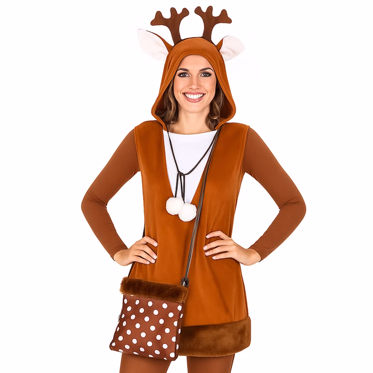 Reh Kostüm Rehlein mit Stulpen und Handtasche für Damen Gr. 36-46 Braun Tier Tierkostüm Rehkleid Fasching Karneval Mottoparty Nahaufnahme Reh Kostüm Rehlein Kleid mit Stulpen für Damen von Vorne
