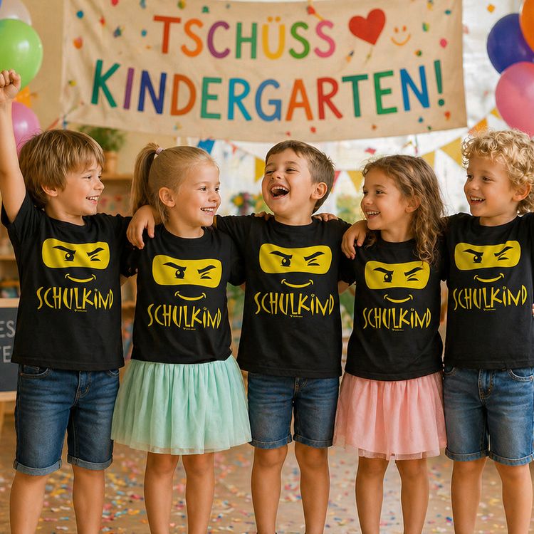 Schulkind T-Shirt ABC-Schütze schwarz für Kinder mit jubelndem Jungen der bereit für die Schule ist von Vorne.