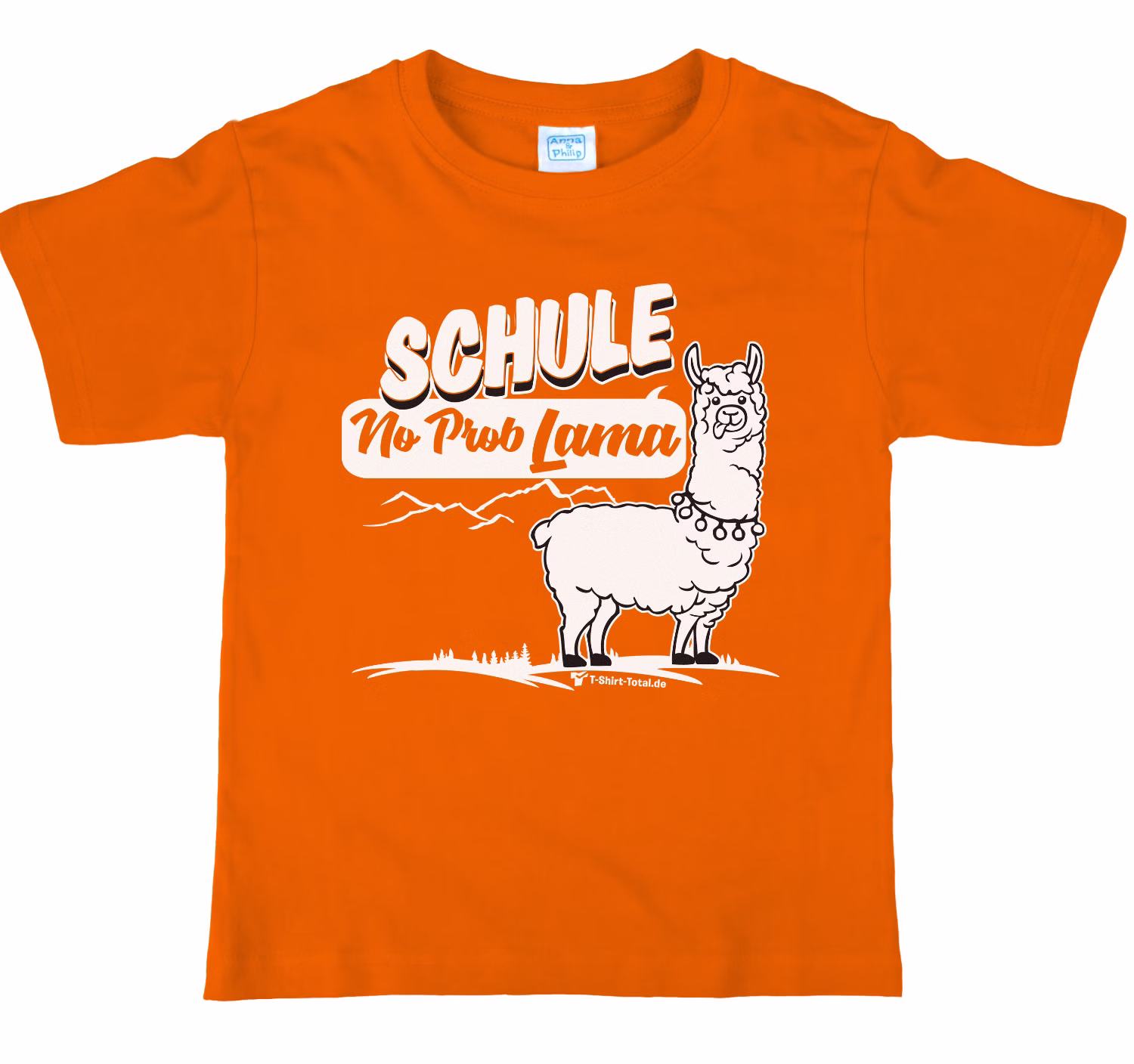 Oranges Kinder T-Shirt mit weißem Schriftzug „Schule No Prob Lama“ mit Tier von Vorne.