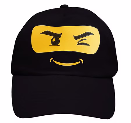 Ninja Basecap Kinder Schwarz-Gelb mit Gesicht Schirmmütze Kopfweite verstellbar Geschenkidee Schulanfang Geburtstag SALE Kindertag Schwarzes Basecap mit gelbem Ninja-Gesicht von Vorne auf weißem Hintergrund.