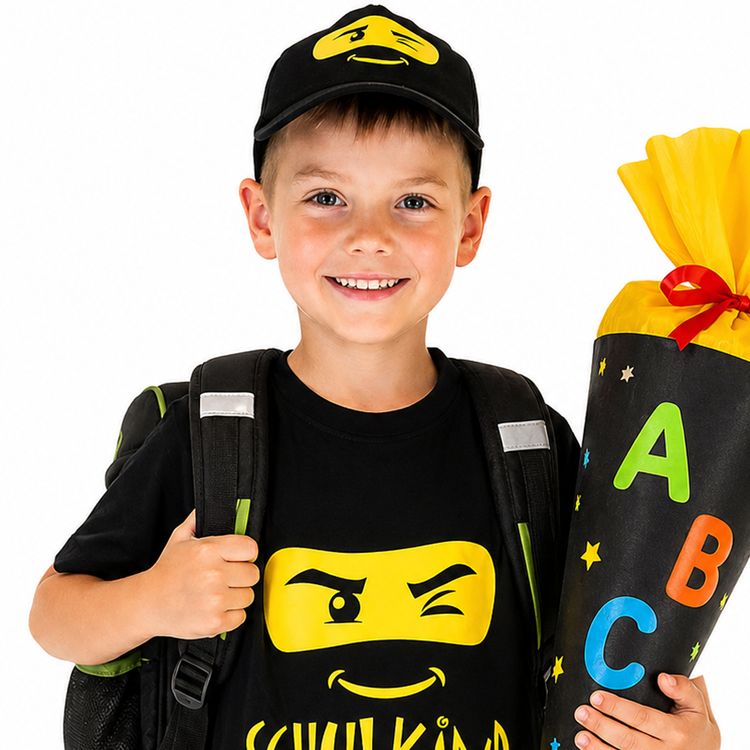 Schwarzes Basecap mit gelbem Ninja-Gesicht von Vorne auf weißem Hintergrund.