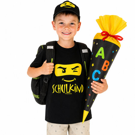 Schulkind T-Shirt Set ABC-Schütze Ninja mit Cap schwarz Einschulung