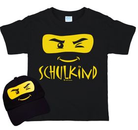 Kinder T-Shirt Schulkind ABC-Schütze inkl. passendem Basecap schwarz Ninja Maske Einschulung Abschied Kindergarten Zuckertüte Erstklässler Geschenk Geschenkidee Zuckertüte