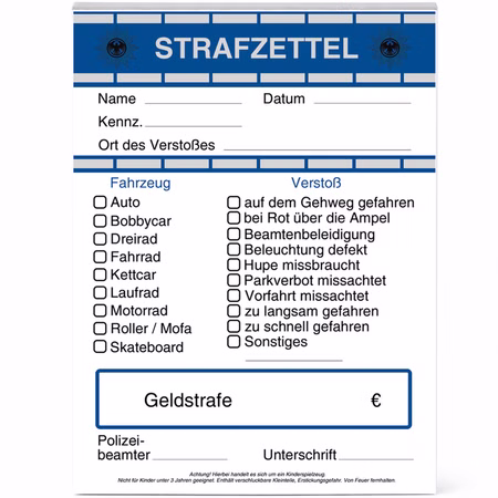 Spielzeug Strafzettel im A6 Format für Kinder zum Ankreuzen und Beschriften Farbig bedruckter Polizei-Strafzettelblock für Kinder im A6-Format mit Fahrzeugen, Verstößen und Feldern zum Ausfüllen.
