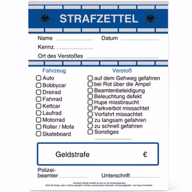 Spielzeug Strafzettel im A6 Format für Kinder zum Ankreuzen und Beschriften Farbig bedruckter Polizei-Strafzettelblock für Kinder im A6-Format mit Fahrzeugen, Verstößen und Feldern zum Ausfüllen.
