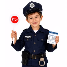 Polizei Spielzeug-Set mit Strafzettelblock & Polizeikelle Kostüm-Zubehör für Kinder Rollenspiel Polizist Spielzeug-Strafzettel & Signalkelle Polizei Kostüm Zubehör Bußgeld Fasching Karneval Mottoparty Spielzeug Accessoire Kindergeburtstag Lächelndes Kind im Polizeikostüm hält eine STOP-Kelle und einen kleinen Strafzettelblock vor weißem Hintergrund.