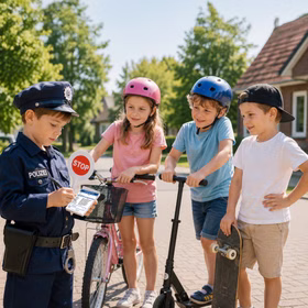 Polizei Spielzeug-Set mit Strafzettelblock & Polizeikelle Kostüm-Zubehör für Kinder Rollenspiel Polizist Spielzeug-Strafzettel & Signalkelle Polizei Kostüm Zubehör Bußgeld Fasching Karneval Mottoparty Spielzeug Accessoire Kindergeburtstag Kind im Polizeikostüm schreibt draußen im Sommer einen Strafzettel, während andere Kinder mit Fahrrad, Roller und Skateboard danebenstehen.