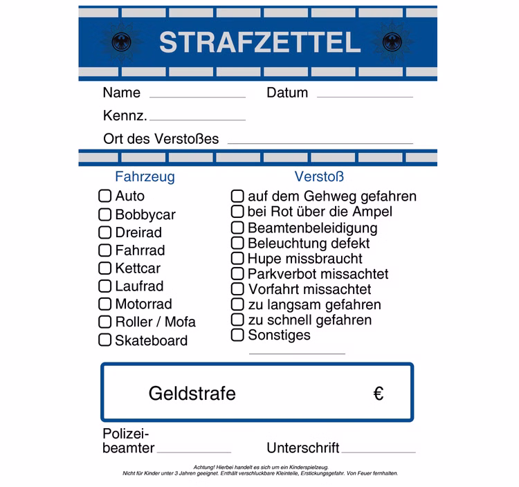 Polizei Spielzeug-Set mit Strafzettelblock & Polizeikelle Kostüm-Zubehör für Kinder Rollenspiel Polizist Spielzeug-Strafzettel & Signalkelle Polizei Kostüm Zubehör Bußgeld Fasching Karneval Mottoparty Spielzeug Accessoire Kindergeburtstag Detailansicht des Strafzettelblocks mit Feldern zum Ankreuzen und Beschriften für Rollenspiele.