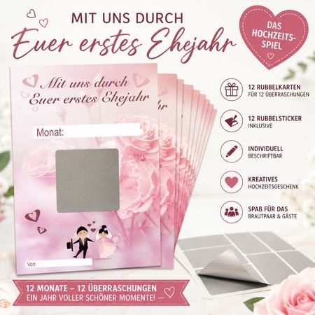 Hochzeitsspiel „Mit uns durch Euer erstes Ehejahr“ mit Rubbelkarten Geschenkidee