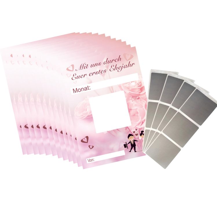 Hochzeitsspiel Geschenkgutschein Partyspiel Mit uns durch das 1. Ehejahr: 12 Karten inkl. Rubbelsticker Heiraten Brautpaar Geschenkidee Hochzeit Wedding