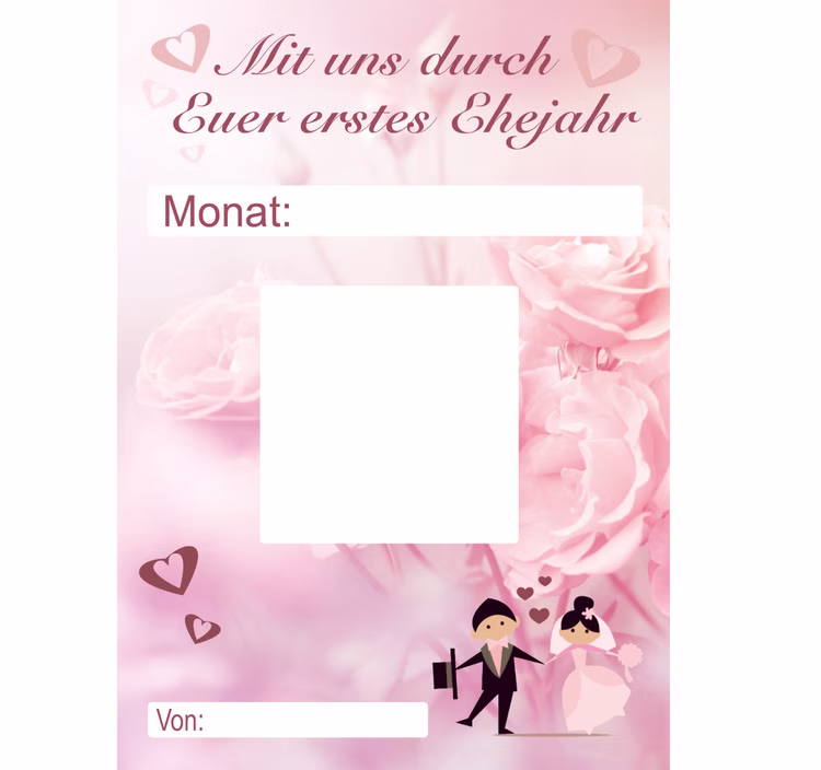 Hochzeitsspiel „Mit uns durch Euer erstes Ehejahr“ 12 Gutscheinkarten mit Rubbelstickern Hochzeitsspiel & Geschenkidee Heiraten Brautpaar Geschenkidee Hochzeit Wedding Gutschein Geschenkgutschein JGA Partyspiel Einzelne rosafarbene Rubbelkarte „Mit uns durch Euer erstes Ehejahr“ auf weißem Hintergrund.
