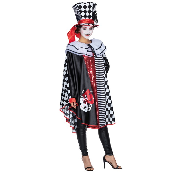 Pierrot Harlekin Poncho Harlekina für Damen Onesize Clown schwarz-weiß Paarkostüm Fasching Karneval Mottoparty