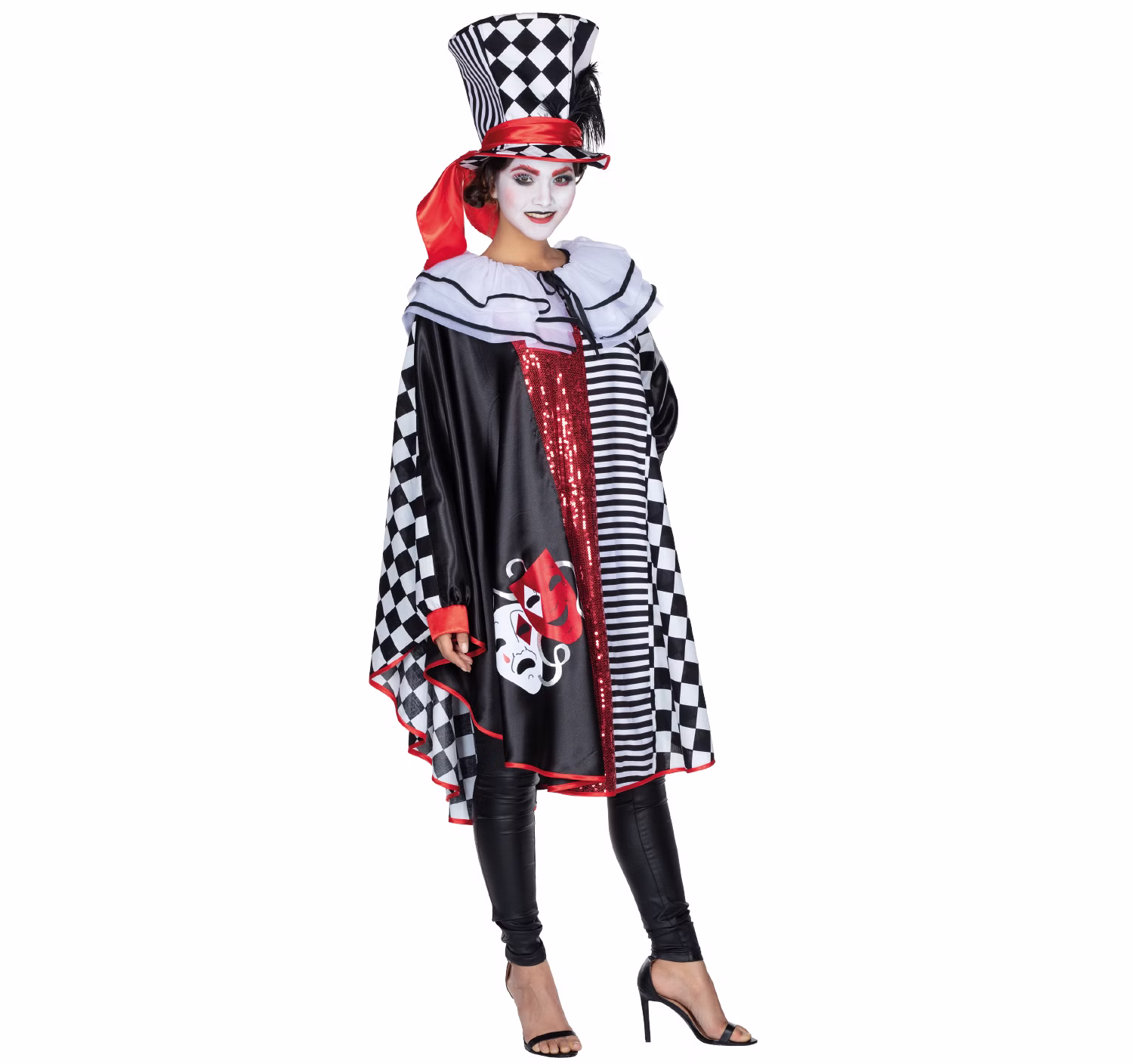 Harlekin Kostüm Pierrot Harlekina inkl. Zylinder für Damen Onesize Poncho Clown Paarkostüm Fasching Karneval Mottoparty Pantomime Harlekin Kostüm Pierrot Harlekina inkl. Zylinder für Damen Onesize Poncho Clown Paarkostüm Fasching Karneval Mottoparty Pantomime