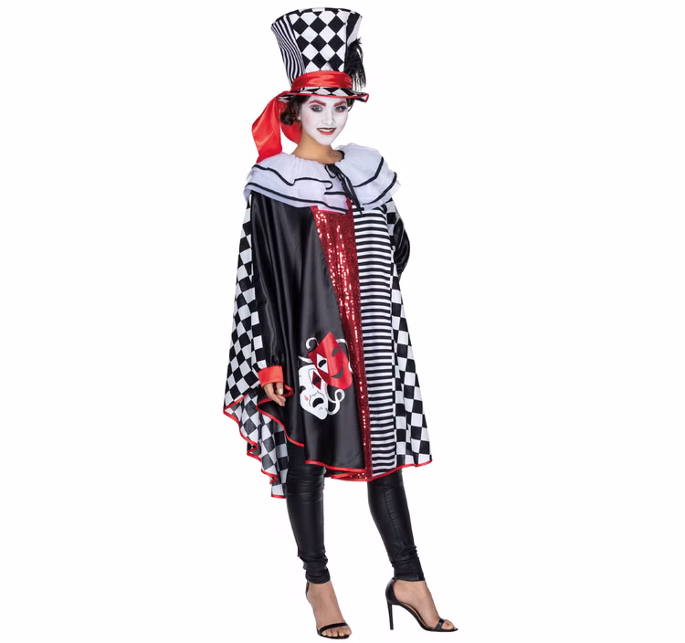 Harlekin Kostüm Pierrot Harlekina inkl. Zylinder für Damen Onesize Poncho Clown Paarkostüm Fasching Karneval Mottoparty Pantomime Harlekin Kostüm Pierrot Harlekina inkl. Zylinder für Damen Onesize Poncho Clown Paarkostüm Fasching Karneval Mottoparty Pantomime