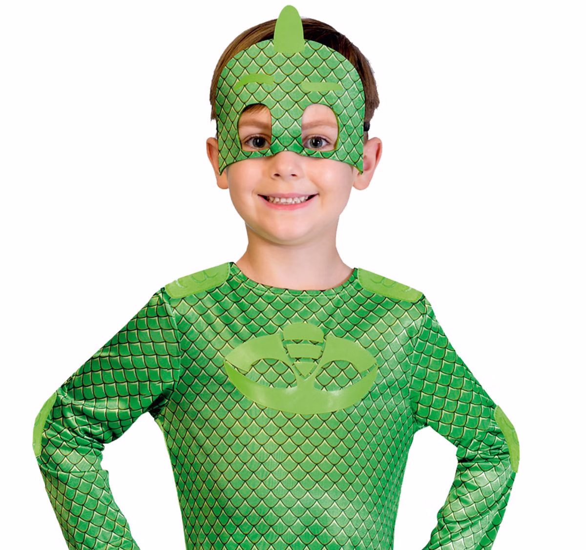 PJ Masks Kostüm Gekko für Kinder 3-8 Jahre grün Filmheld Fasching Karneval Mottoparty Kindergeburtstag Detailaufnahme PJ Masks Kostüm Gekko Maske und grüner Overall in Schuppen-Optik für Kinder von Vorne