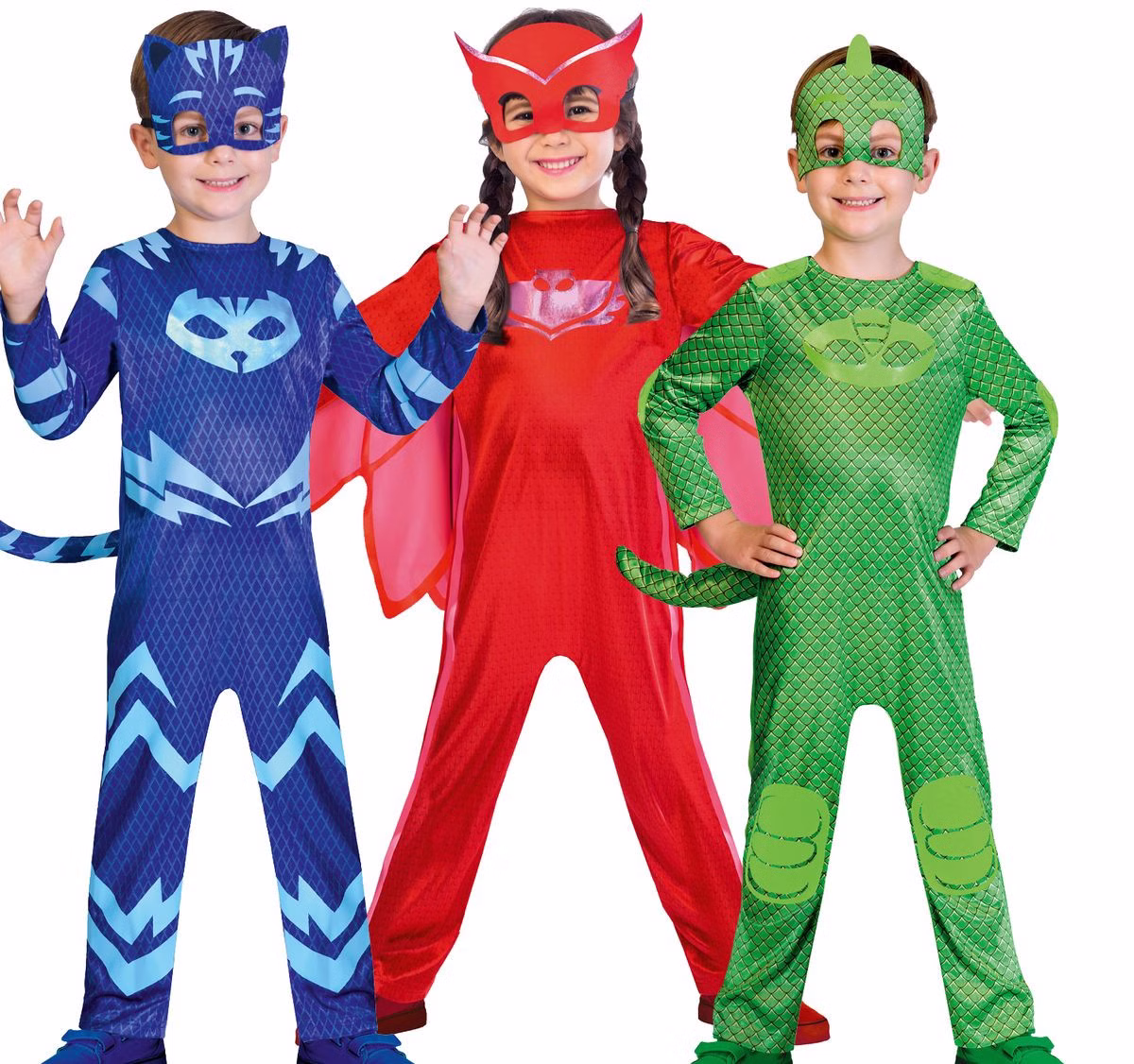 PJ Masks Kostüm Gekko für Kinder 3-8 Jahre grün Filmheld Fasching Karneval Mottoparty Kindergeburtstag PJ Masks Kostüm Gekko Owelette und Catboy von Vorne für Kinder