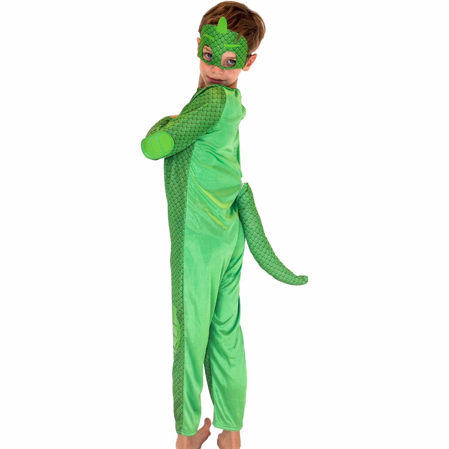 PJ Masks Kostüm Gekko für Kinder 3-8 Jahre grün Filmheld Fasching Karneval Mottoparty Kindergeburtstag PJ Masks Kostüm Gekko für Kinder seitlich von Hinten mit grünem Schwanz am Rücken