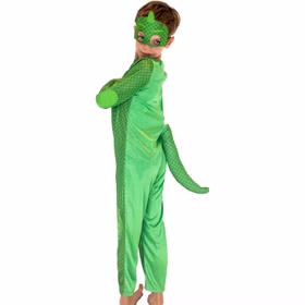 PJ Masks Kostüm Gekko für Kinder seitlich von Hinten mit grünem Schwanz am Rücken
