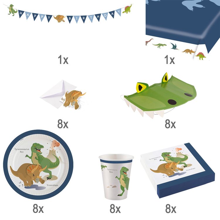 Dinosaurier Party-Set T-Rex Dino Happy Birthday Tisch-Deko 54-tlg. Dinosaurier Party-Set T-Rex Dino Happy Birthday Tisch-Deko 54-tlg. Geburtstag Party-Zubehör Party-Geschirr Mottoparty