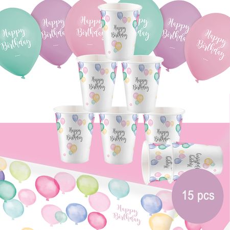 Luftballon Party-Set Happy Birthday Kindergeburtstag Pastell, 15-tlg.
