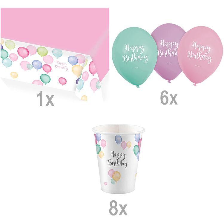 Gesamtübersicht des pastellfarbenen Party-Sets bestehend aus 15 Teilen mit Luftballons, Bechern und einer Tischdecke.