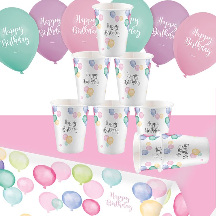 Gesamtübersicht des pastellfarbenen Party-Sets bestehend aus 15 Teilen mit Luftballons, Bechern und einer Tischdecke.