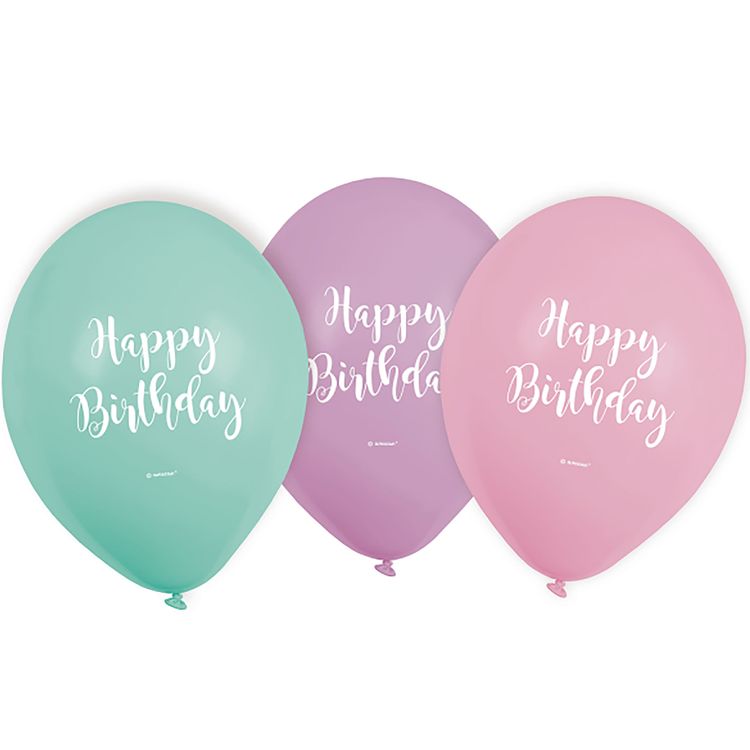 Gesamtübersicht des pastellfarbenen Party-Sets bestehend aus 15 Teilen mit Luftballons, Bechern und einer Tischdecke.