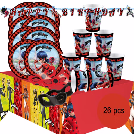 Party-Set Kindergeburtstag Miraculous Ladybug Cat Noir 26-tlg. Geburtstag Geschirr Mädchen Superhelden Kinderfasching Einschulung Mottoparty 26-teiliges Miraculous Party-Set Gesamtübersicht
