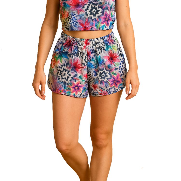 Hotpants kurze Hose Hawaii Blumen-Print für Damen Hotpants kurze Hose Hawaii Blumen-Print für Damen mit weißem T-Shirt von Vorne