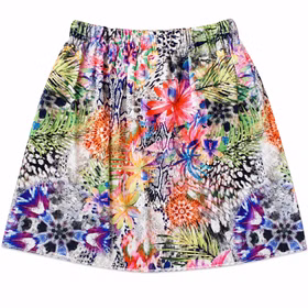 Damen Sommerrock Tropical Print kurzer Hawaii-Rock mit Gummibund Gr. 36-40 SALE Damenmode Sommerkleidung Sommer Bekleidung Sommer Rock mit Blumen-Print für Damen von Hinten.