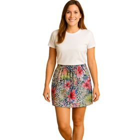 Sommer Rock mit Blumen-Print für Damen mit einem weißen T-Shirt von Vorne