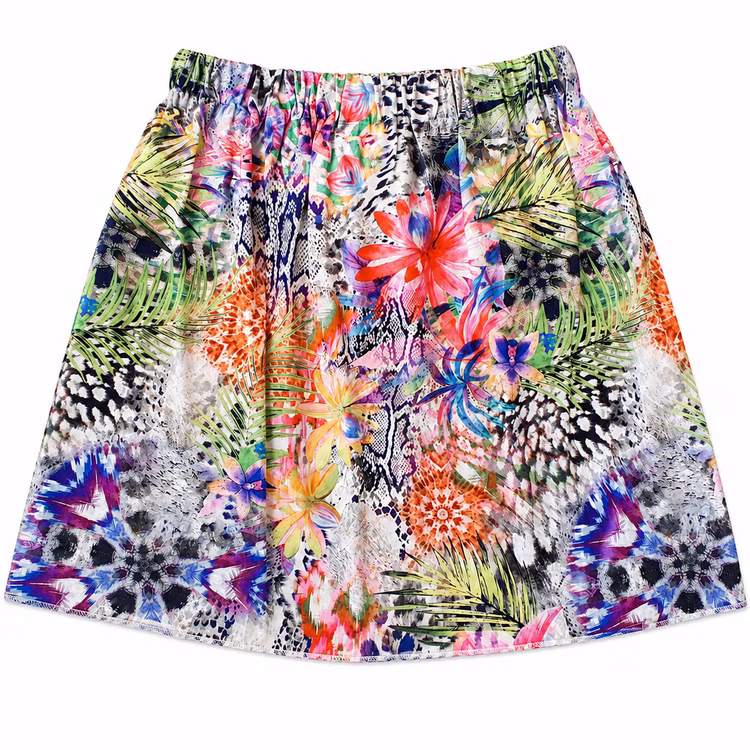 Damen Sommerrock Tropical Print kurzer Hawaii-Rock mit Gummibund Gr. 36-40 SALE Damenmode Sommerkleidung Sommer Bekleidung Sommer Rock mit Blumen-Print für Damen von Hinten.