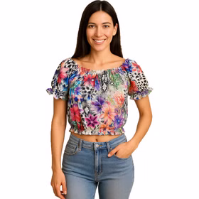 Bauchfreies Top mit Blumen-Print für Damen Gr. 36-40 bunt Hawaii SALE Beachparty Fasching Karneval Mottoparty Bauchfreies Top mit Blumen-Print für Damen und Jeans von Vorne