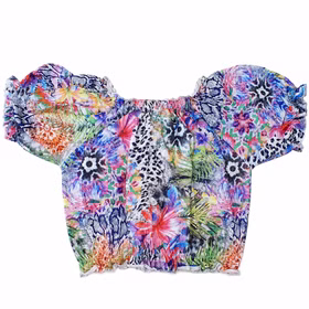 Bauchfreies Damen Top Tropical Blumenprint schulterfreies Crop Top Gr. 36-40 SALE Damenmode Sommerkleidung Sommer Bekleidung Beachparty Bauchfreies Crop Top mit Blumen-Print für Damen von Hinten.