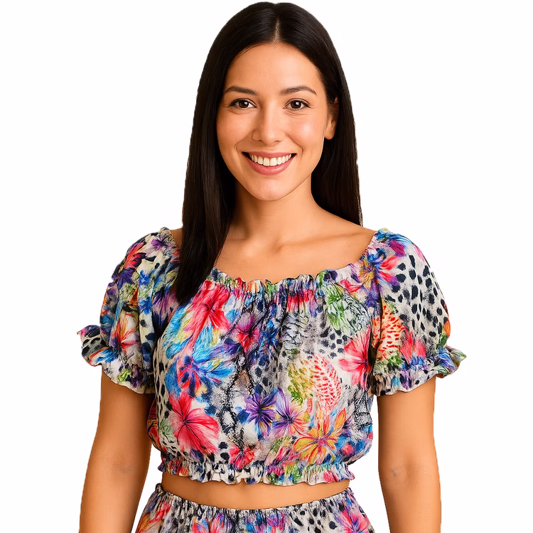 Bauchfreies Top mit Blumen-Print für Damen Gr. 36-40 bunt Hawaii SALE Beachparty Fasching Karneval Mottoparty Bauchfreies Top mit Blumen-Print für Damen und passender kurzen Hose von Vorne