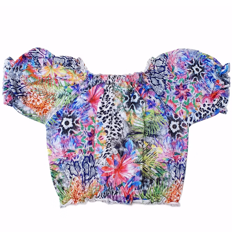 Bauchfreies Damen Top Tropical Blumenprint schulterfreies Crop Top Gr. 36-40 SALE Damenmode Sommerkleidung Sommer Bekleidung Beachparty Bauchfreies Crop Top mit Blumen-Print für Damen von Hinten.