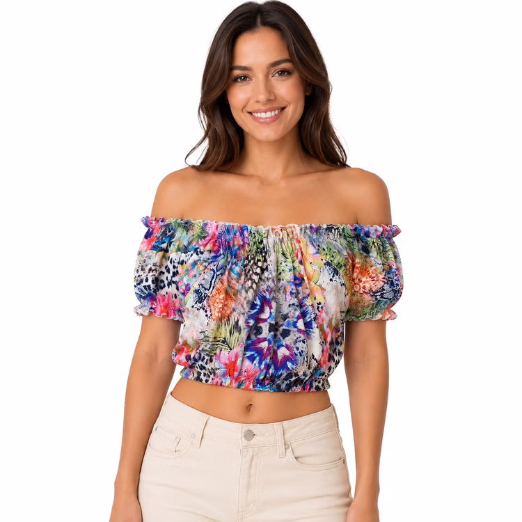 Bauchfreies Damen Top Tropical Blumenprint schulterfreies Crop Top Gr. 36-40 SALE Damenmode Sommerkleidung Sommer Bekleidung Beachparty Bauchfreies Crop Top mit Blumen-Print für Damen und heller Jeans von Vorne. Hinweis: KI generiertes Bild