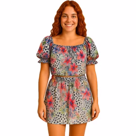 Sommer Outfit Rock bauchfreies Top für Damen Gr. 36-40 bunt SALE Beachparty Fasching Karneval Mottoparty Strand-Outfit Sommer Outfit Rock und bauchfreies Top für Damen von Vorne