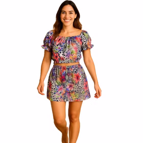 Sommer Outfit Rock bauchfreies Top für Damen Gr. 36-40 bunt SALE Beachparty Fasching Karneval Mottoparty Strand-Outfit Sommer Outfit Rock und bauchfreies Top für Damen von Vorne