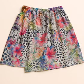 Sommer Outfit Rock bauchfreies Top für Damen Gr. 36-40 bunt SALE Beachparty Fasching Karneval Mottoparty Strand-Outfit Kurzer Rock mit Blumenprint von Vorne