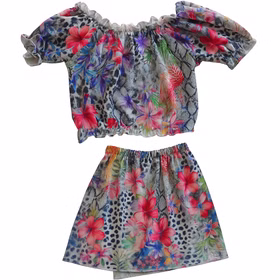 Sommer Outfit Rock bauchfreies Top für Damen Gr. 36-40 bunt SALE Beachparty Fasching Karneval Mottoparty Strand-Outfit Bauchfreies Top mit Blumenprint und passender kurzer Rock von Vorne