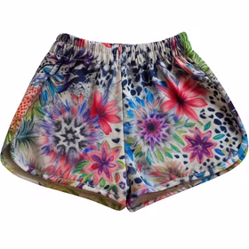 Sommer Outfit kurze Hose & bauchfreies Top Gr. 36-40 für Damen Hawaii-Motiv SALE Fasching Karneval Beachparty Mottoparty Strand-Outfit Kurze Hose mit Blumenprint für Damen von Vorne