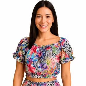 Sommer Outfit kurze Hose & bauchfreies Top Gr. 36-40 für Damen Hawaii-Motiv SALE Fasching Karneval Beachparty Mottoparty Strand-Outfit Detailaufnahme Oberteil mit Blumenprint und kurzen Ärmeln für Damen von Vorne