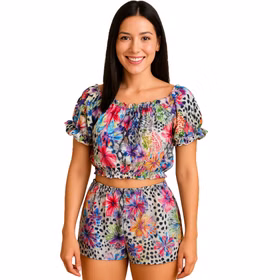 Sommer Outfit kurze Hose & bauchfreies Top Gr. 36-40 für Damen Hawaii-Motiv SALE Fasching Karneval Beachparty Mottoparty Strand-Outfit Sommer Outfit kurze Hose & bauchfreies Top für Damen von Vorne