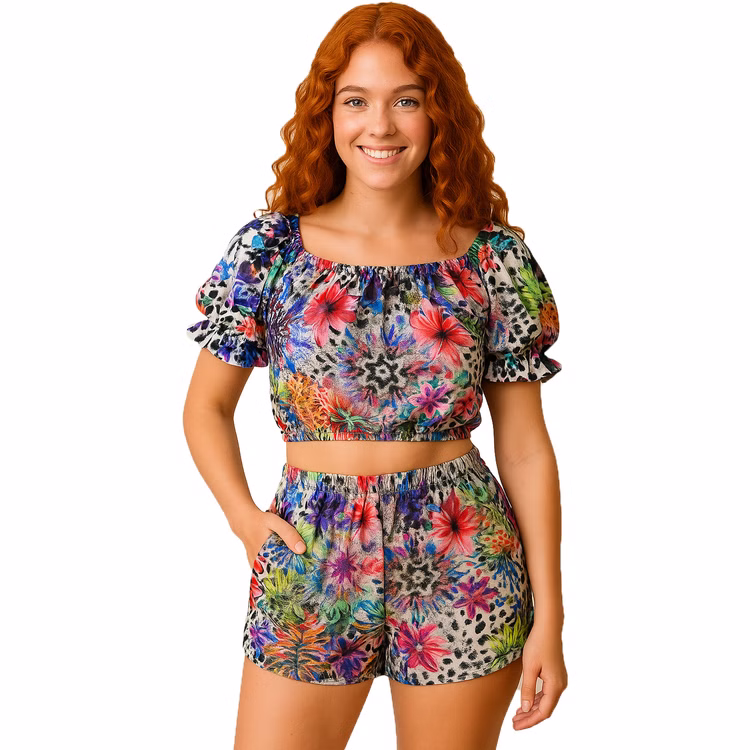 Sommer Outfit kurze Hose & bauchfreies Top Gr. 36-40 für Damen Hawaii-Motiv SALE Fasching Karneval Beachparty Mottoparty Strand-Outfit Sommer Outfit kurze Hose & bauchfreies Top für Damen von Vorne